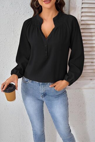 بلوزات نسائية أنيقة كاجوال برقبة على شكل حرف V وأزرار للأسفل، خالية من التجاعيد وأكمام طويلة، قمصان عمل in Kuwait