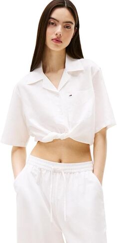 Tommy Jeans Women's Crop Linen Shirt with Front Tie Detail in Saudi Arabia