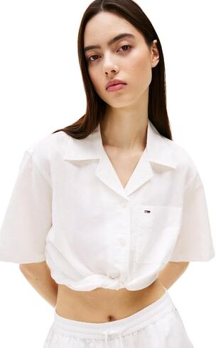 Tommy Jeans Women's Crop Linen Shirt with Front Tie Detail in Saudi Arabia