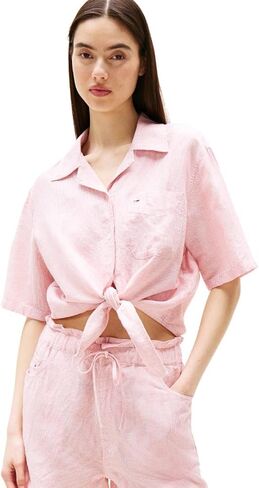 Tommy Jeans Women's Crop Linen Shirt with Front Tie Detail in Saudi Arabia