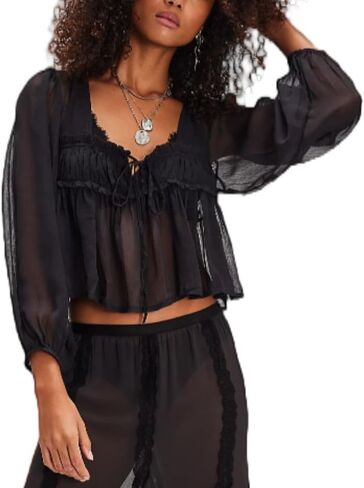 Lace Long Sleeve Tops for Women Boho Tie Front Ruffle Trim Coquette Shirts Y2k Button Flowy Peplum Blouse Going Out in Kuwait