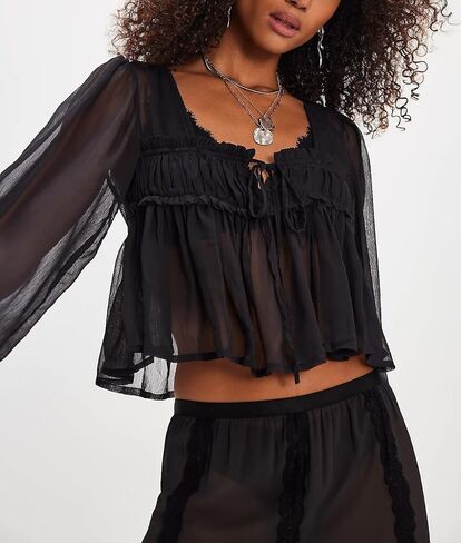 Lace Long Sleeve Tops for Women Boho Tie Front Ruffle Trim Coquette Shirts Y2k Button Flowy Peplum Blouse Going Out in Kuwait