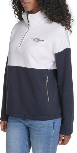 سويت شيرت نسائي من الصوف بسحاب 1/4 من Tommy Hilfiger Mockneck Colorblock in Saudi Arabia