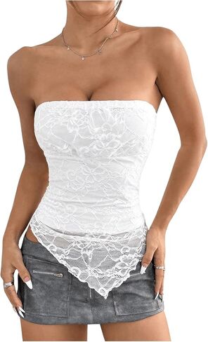 MakeMeChic Women's Floral Lace Strapless Tube Top Ruched Backless Y2k Bandeau Tops in Saudi Arabia