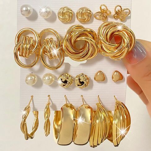 11pairs/Set Gold Earrings Set for Women, Fashion Pearl & Heart Decor Earrings, Multipack Hoop Earring Packs, Everyday Earrings for Women Birthday Party in Saudi Arabia