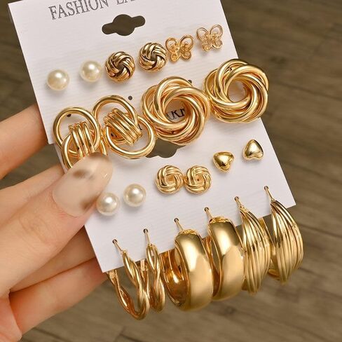 11pairs/Set Gold Earrings Set for Women, Fashion Pearl & Heart Decor Earrings, Multipack Hoop Earring Packs, Everyday Earrings for Women Birthday Party in Saudi Arabia