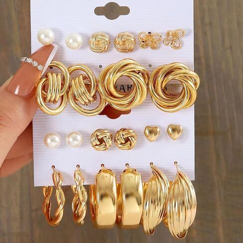 11pairs/Set Gold Earrings Set for Women, Fashion Pearl & Heart Decor Earrings, Multipack Hoop Earring Packs, Everyday Earrings for Women Birthday Party in Saudi Arabia
