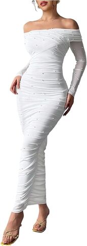 فستان Floerns نسائي مطرز باللؤلؤ مكشوف الكتفين مكشكش Bodycon فساتين حفلة موسيقية طويلة in Kuwait