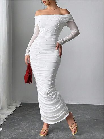 فستان Floerns نسائي مطرز باللؤلؤ مكشوف الكتفين مكشكش Bodycon فساتين حفلة موسيقية طويلة in Kuwait