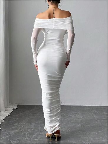 فستان Floerns نسائي مطرز باللؤلؤ مكشوف الكتفين مكشكش Bodycon فساتين حفلة موسيقية طويلة in Kuwait