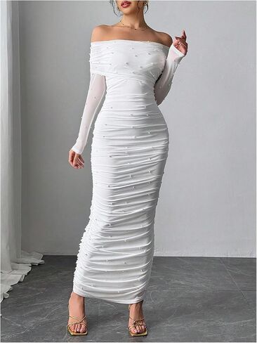 فستان Floerns نسائي مطرز باللؤلؤ مكشوف الكتفين مكشكش Bodycon فساتين حفلة موسيقية طويلة in Kuwait