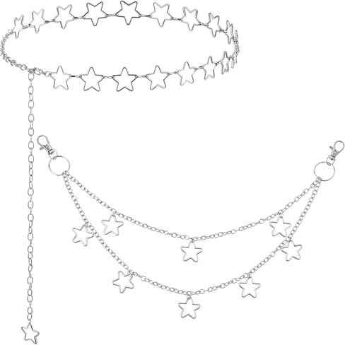 Xindojuz 2 قطعة حزام الخصر نجمة، حزام سلسلة البطن الفضية قابل للتعديل الجينز المعادن الغربية السراويل جيب الشرير الهيب هوب سلاسل المحفظة للنساء الرجال الجسم سلسلة البطن القوطي Y2K الملحقات in Kuwait