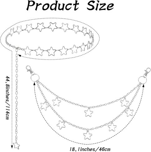 Xindojuz 2 قطعة حزام الخصر نجمة، حزام سلسلة البطن الفضية قابل للتعديل الجينز المعادن الغربية السراويل جيب الشرير الهيب هوب سلاسل المحفظة للنساء الرجال الجسم سلسلة البطن القوطي Y2K الملحقات in Kuwait