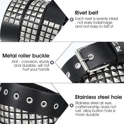 Studded Belt Metal Punk Rock Rivet Y2K Goth Studded Belt for Women Men Grommet Pyramid Accessories with Bright Pyramid Studs for Jeans Pants Black Belts Parties Clubs Daily Wear in Saudi Arabia