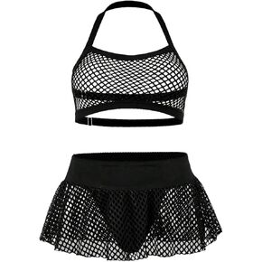 OYOANGLE Women's Plus Size 3 Piece Mesh Lingerie Set Hollow Out Halter Bra Thongs with Skirt See Through Sleepwear in Kuwait