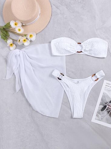 WDIRARA Women's Cut Out Ring Bandeau 3 Piece Bikini Set Swimsuit Smocked Bathing Suits with Cover Up in Saudi Arabia