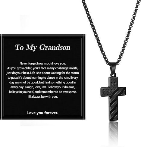 American Flag Cross Necklace for Men, 17+2 Inch 316L Stainless Steel Chain Pendant – Bible Verse Christian Religious Inspirational Jewelry Gift for Him Men Grandson Son in Kuwait