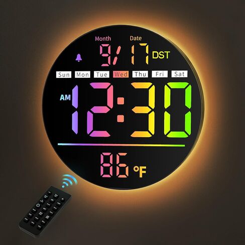 ساعة حائط رقمية، ساعة رقمية مستديرة مقاس 8 بوصة مع شاشة عرض كبيرة، ألوان 11RGB، جهاز تحكم عن بعد، سطوع تلقائي، درجة الحرارة، التوقيت الصيفي، ضوء ليلي، منبه، مؤقت العد التنازلي للفصل الدراسي/غرفة النوم/المكتب in Kuwait
