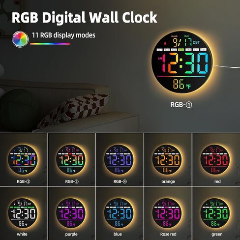 ساعة حائط رقمية، ساعة رقمية مستديرة مقاس 8 بوصة مع شاشة عرض كبيرة، ألوان 11RGB، جهاز تحكم عن بعد، سطوع تلقائي، درجة الحرارة، التوقيت الصيفي، ضوء ليلي، منبه، مؤقت العد التنازلي للفصل الدراسي/غرفة النوم/المكتب in Kuwait