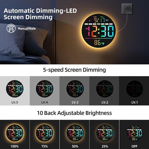 ساعة حائط رقمية، ساعة رقمية مستديرة مقاس 8 بوصة مع شاشة عرض كبيرة، ألوان 11RGB، جهاز تحكم عن بعد، سطوع تلقائي، درجة الحرارة، التوقيت الصيفي، ضوء ليلي، منبه، مؤقت العد التنازلي للفصل الدراسي/غرفة النوم/المكتب in Kuwait