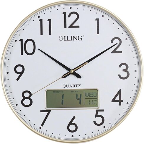 Round Wall Clock 13 Inch Silent Non-Ticking Battery Operated Analog with Digital Display for Month Date Day of The Week and Temperature Study Living Room Kitchen and Home Decor（Gold-LCD） in Saudi Arabia