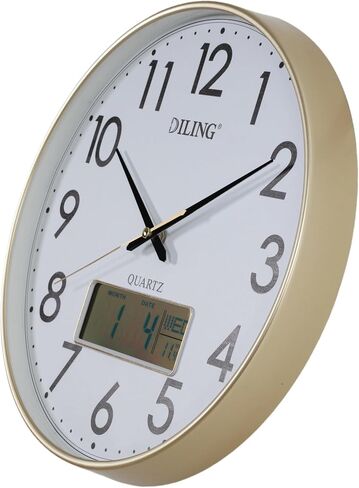 Round Wall Clock 13 Inch Silent Non-Ticking Battery Operated Analog with Digital Display for Month Date Day of The Week and Temperature Study Living Room Kitchen and Home Decor（Gold-LCD） in Saudi Arabia