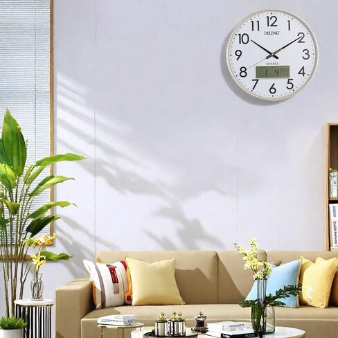 Round Wall Clock 13 Inch Silent Non-Ticking Battery Operated Analog with Digital Display for Month Date Day of The Week and Temperature Study Living Room Kitchen and Home Decor（Gold-LCD） in Saudi Arabia
