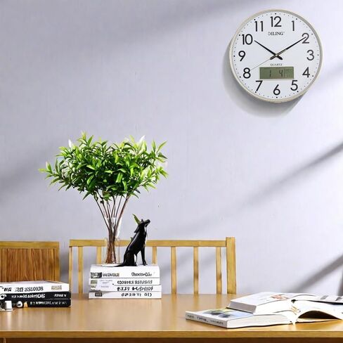 Round Wall Clock 13 Inch Silent Non-Ticking Battery Operated Analog with Digital Display for Month Date Day of The Week and Temperature Study Living Room Kitchen and Home Decor（Gold-LCD） in Saudi Arabia