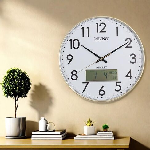 Round Wall Clock 13 Inch Silent Non-Ticking Battery Operated Analog with Digital Display for Month Date Day of The Week and Temperature Study Living Room Kitchen and Home Decor（Gold-LCD） in Saudi Arabia