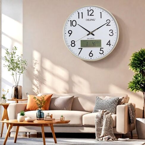 Round Wall Clock 13 Inch Silent Non-Ticking Battery Operated Analog with Digital Display for Month Date Day of The Week and Temperature Study Living Room Kitchen and Home Decor（Gold-LCD） in Saudi Arabia