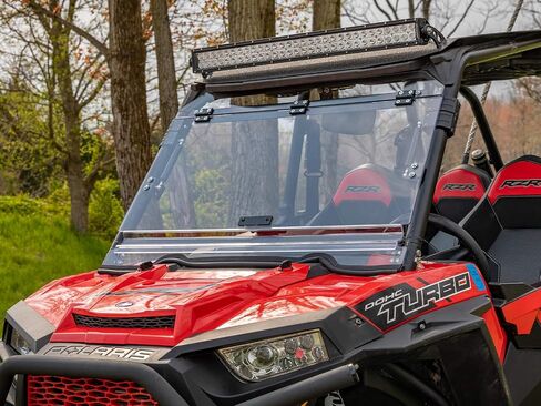 SuperATV Scratch-Resistant Flip Windshield for Polaris RZR XP/XP 4 Turbo (2016-2018 Without Ride Command) -Made of Polycarbonate -XR Optic Hard Coating -Can be Closed, Vented, or Fully Open - USA Made in Saudi Arabia