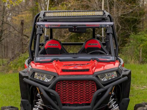 SuperATV Scratch-Resistant Flip Windshield for Polaris RZR XP/XP 4 Turbo (2016-2018 Without Ride Command) -Made of Polycarbonate -XR Optic Hard Coating -Can be Closed, Vented, or Fully Open - USA Made in Saudi Arabia