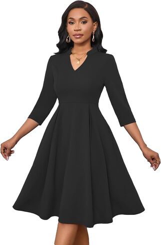 Max2co Midi Dresses for Women Semi Formal Fit and Flare A-Line Swing Dress 3/4 Sleeve Church Cocktail Dress with Pockets in Kuwait