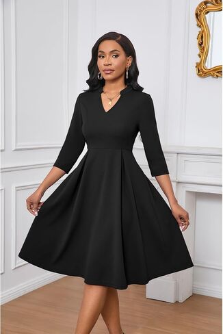 Max2co Midi Dresses for Women Semi Formal Fit and Flare A-Line Swing Dress 3/4 Sleeve Church Cocktail Dress with Pockets in Kuwait