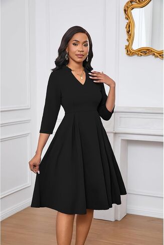 Max2co Midi Dresses for Women Semi Formal Fit and Flare A-Line Swing Dress 3/4 Sleeve Church Cocktail Dress with Pockets in Kuwait