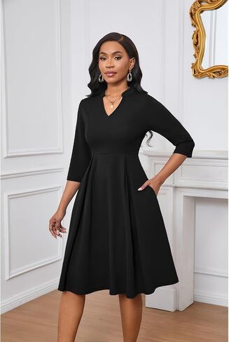 Max2co Midi Dresses for Women Semi Formal Fit and Flare A-Line Swing Dress 3/4 Sleeve Church Cocktail Dress with Pockets in Kuwait