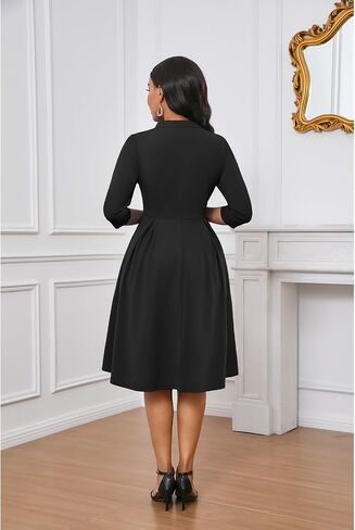 Max2co Midi Dresses for Women Semi Formal Fit and Flare A-Line Swing Dress 3/4 Sleeve Church Cocktail Dress with Pockets in Kuwait