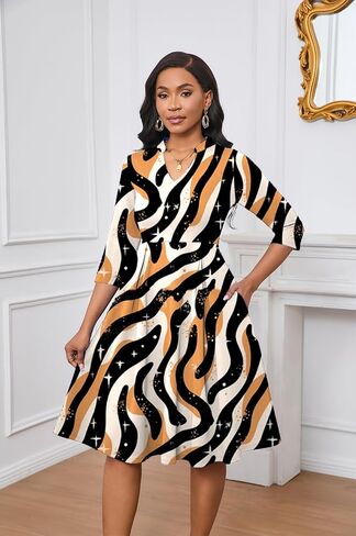 Max2co Midi Dresses for Women Semi Formal Fit and Flare A-Line Swing Dress 3/4 Sleeve Church Cocktail Dress with Pockets in Kuwait