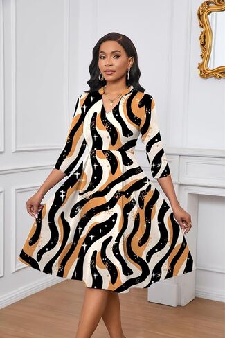 Max2co Midi Dresses for Women Semi Formal Fit and Flare A-Line Swing Dress 3/4 Sleeve Church Cocktail Dress with Pockets in Kuwait