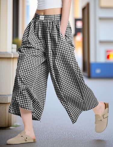 Palazzo Pants for Women Wide Leg High Waist Capri Gingham Plaid Culottes Summer Casual Loose Fit Lounge Trousers in Saudi Arabia