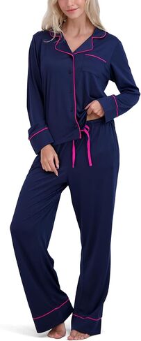 4WBW Yummi Notched Collar Sleep Set For Women-Soft Pajama Set-Button Down Top And Drawstring Long Pants With Pockets in Saudi Arabia