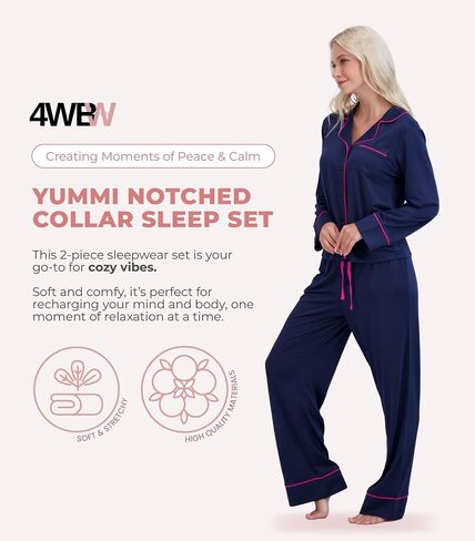 4WBW Yummi Notched Collar Sleep Set For Women-Soft Pajama Set-Button Down Top And Drawstring Long Pants With Pockets in Saudi Arabia