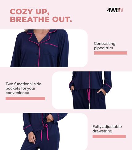 4WBW Yummi Notched Collar Sleep Set For Women-Soft Pajama Set-Button Down Top And Drawstring Long Pants With Pockets in Saudi Arabia
