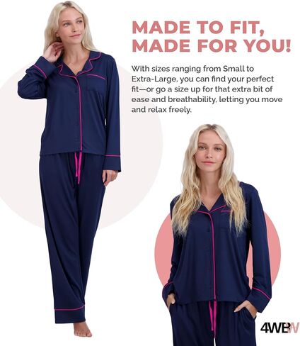 4WBW Yummi Notched Collar Sleep Set For Women-Soft Pajama Set-Button Down Top And Drawstring Long Pants With Pockets in Saudi Arabia