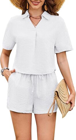 Women's 100% Linen 2 Piece Outfits Summer Lounge Sets V Neck Collared Short Sleeve Tops Elastic Waist Shorts TrackSuit in Kuwait