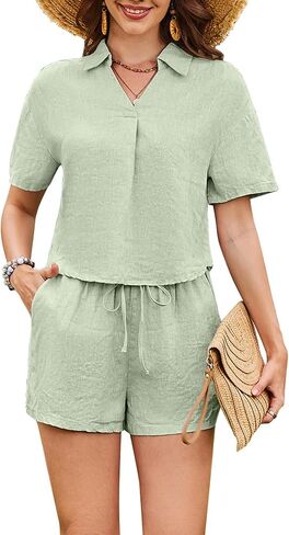 Women's 100% Linen 2 Piece Outfits Summer Lounge Sets V Neck Collared Short Sleeve Tops Elastic Waist Shorts TrackSuit in Kuwait
