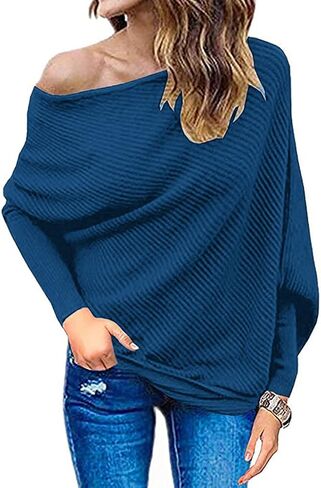Qearal Womens Off Shoulder Loose Pullover Sweater Batwing Sleeve Knit Jumper Oversized Tunic Tops in Kuwait
