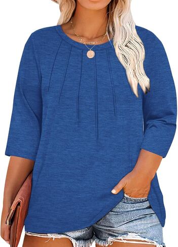 Chulianyouhuo المرأة حجم كبير بلايز عادية 3/4 كم Crewneck مطوي تي شيرت أنيق فضفاض تونك بلوزة in Kuwait