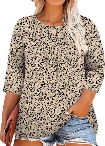 Chulianyouhuo Womens Plus Size Tops Casual 3/4 Sleeve Crewneck Pleated T Shirt Dressy Loose Tunic Blouse in Saudi Arabia