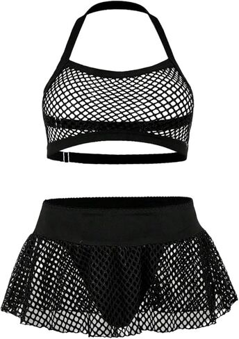 OYOANGLE Women's Plus Size 3 Piece Mesh Lingerie Set Hollow Out Halter Bra Thongs with Skirt See Through Sleepwear in Saudi Arabia